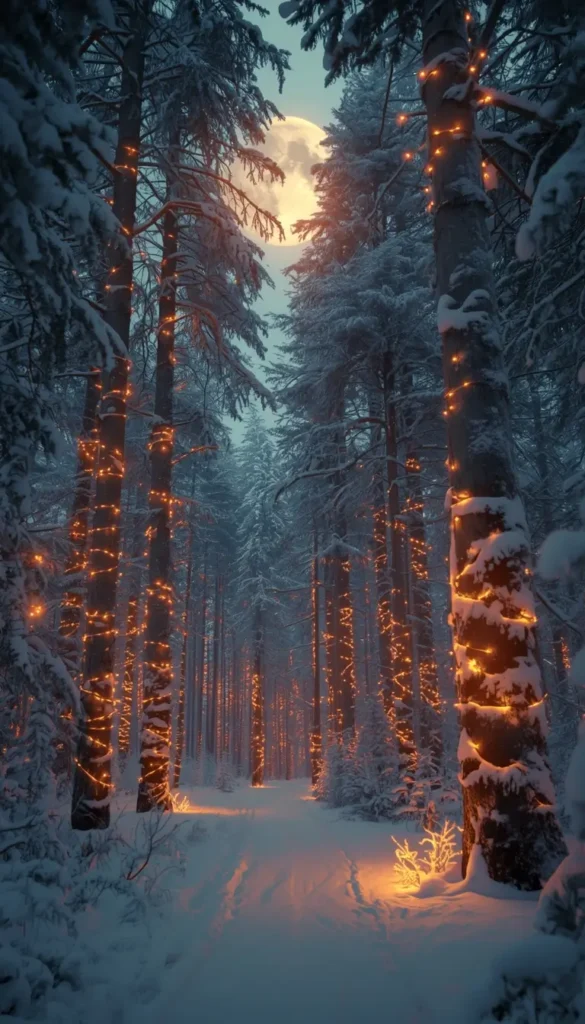 christmas-festival-images of snowy forest with glowing fairy lights under a moonlit winter sky