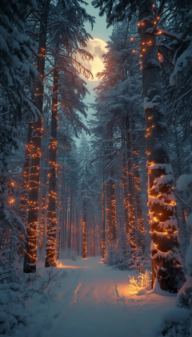 christmas-festival-images of snowy forest with glowing fairy lights under a moonlit winter sky