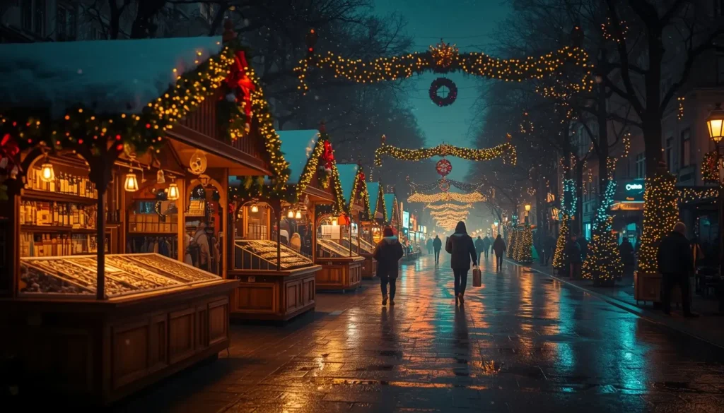 christmas-festival-pictures of glowing holiday market street with festive lights and cozy Christmas stalls at night