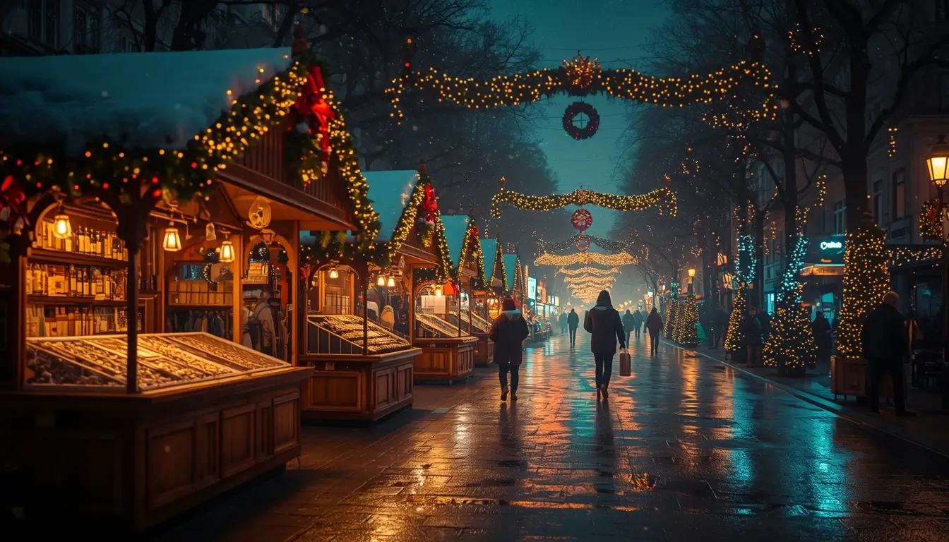 christmas-festival-pictures of glowing holiday market street with festive lights and cozy Christmas stalls at night