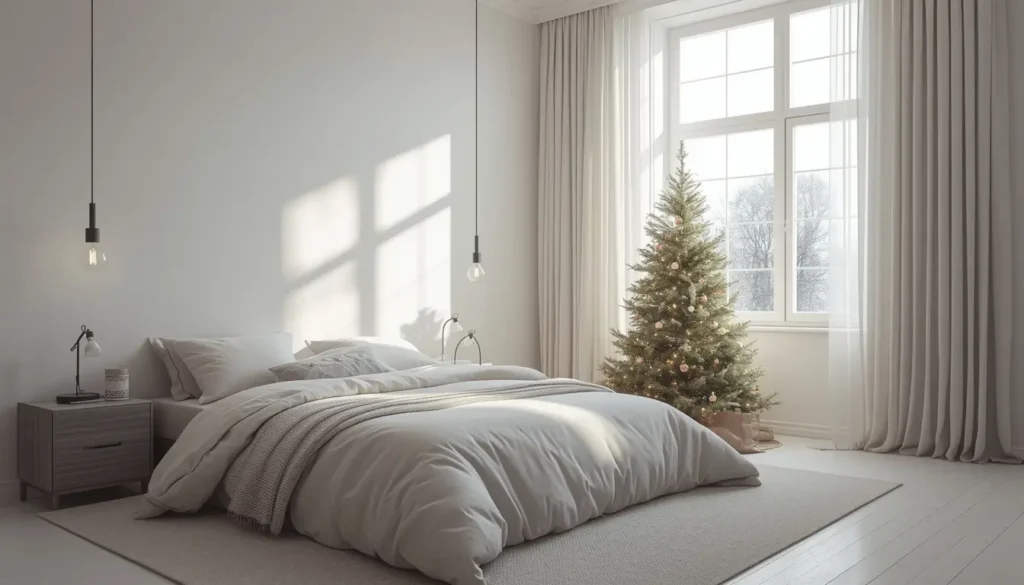christmas-wallpaper-aesthetic minimalist bedroom with glowing Christmas tree and soft winter sunlight**