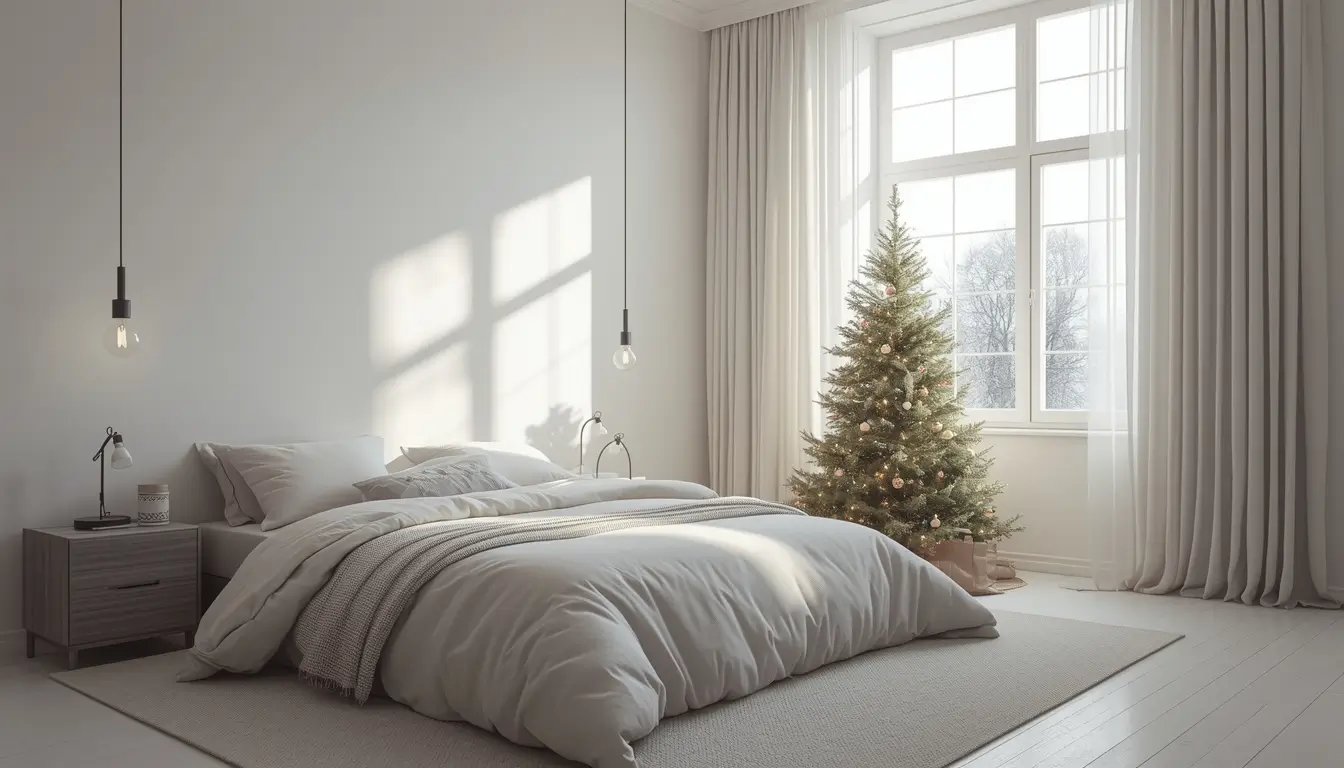christmas-wallpaper-aesthetic minimalist bedroom with glowing Christmas tree and soft winter sunlight**