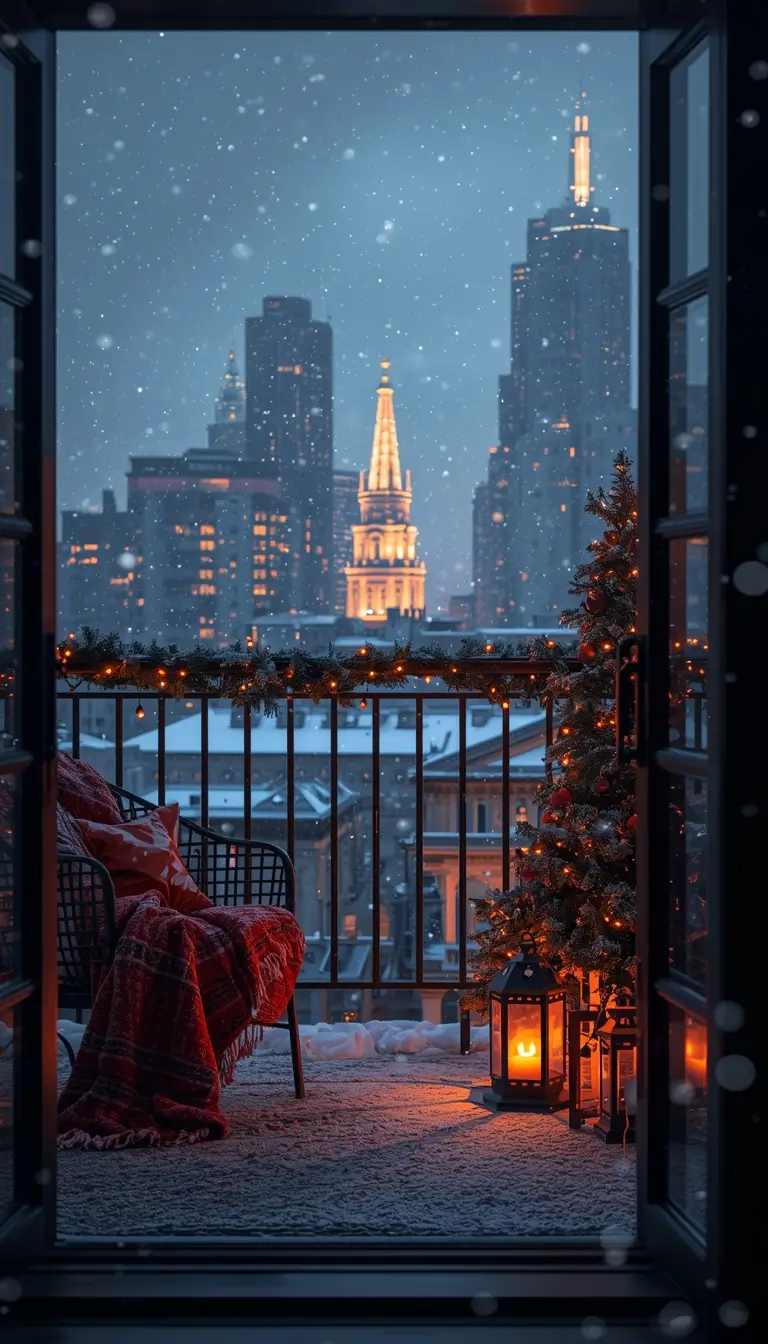 Christmas-wallpaper-aesthetic snowy balcony with lanterns, festive tree, and winter city skyline at night