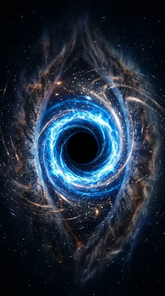 Blue glowing black hole surrounded by galaxies and stars in a dark AMOLED 4K space background.