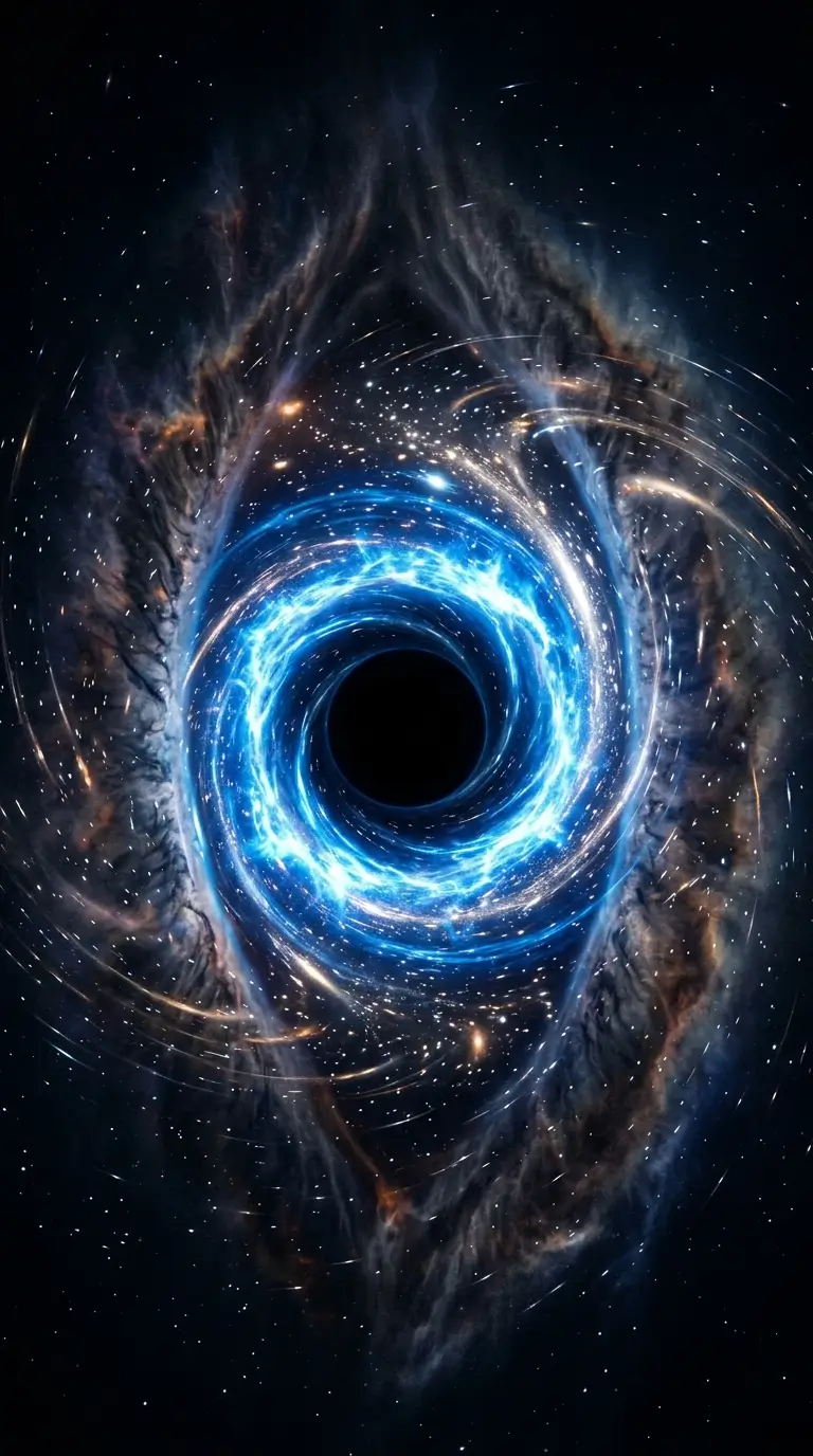 Blue glowing black hole surrounded by galaxies and stars in a dark AMOLED 4K space background.