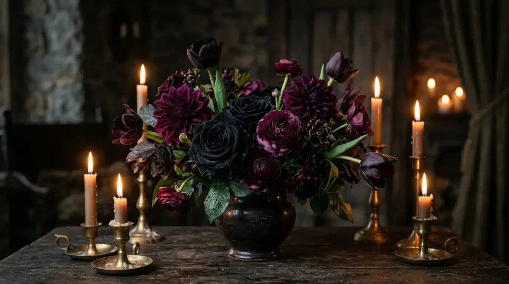 Dark burgundy and black flowers in a vase surrounded by glowing candles in a moody gothic interior setting.