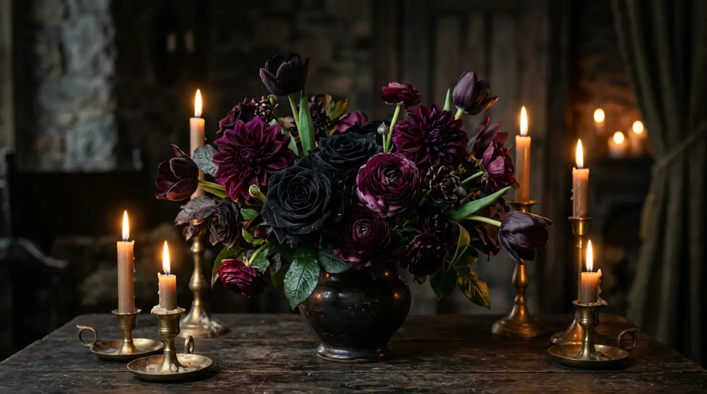 Dark burgundy and black flowers in a vase surrounded by glowing candles in a moody gothic interior setting.