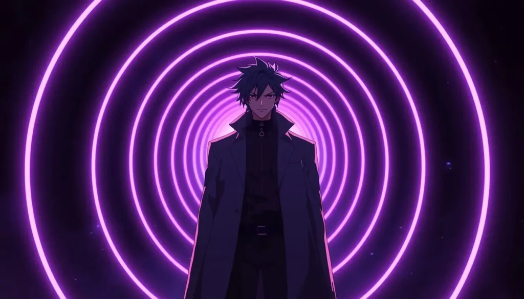 Gambit wallpaper with anime-style character standing inside a glowing neon purple tunnel with futuristic cyberpunk lighting