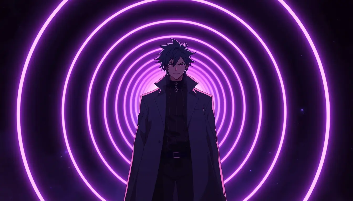 Gambit wallpaper with anime-style character standing inside a glowing neon purple tunnel with futuristic cyberpunk lighting