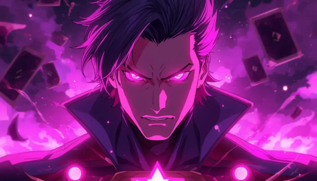 Gambit wallpaper showing an anime-style close-up portrait with glowing purple eyes and floating kinetic energy cards in the background