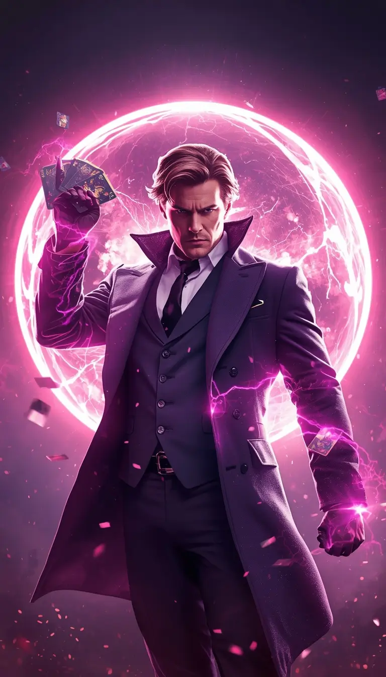 Gambit wallpaper showing Gambit holding glowing cards with a giant pink kinetic energy orb behind him in a cinematic Marvel-inspired scene