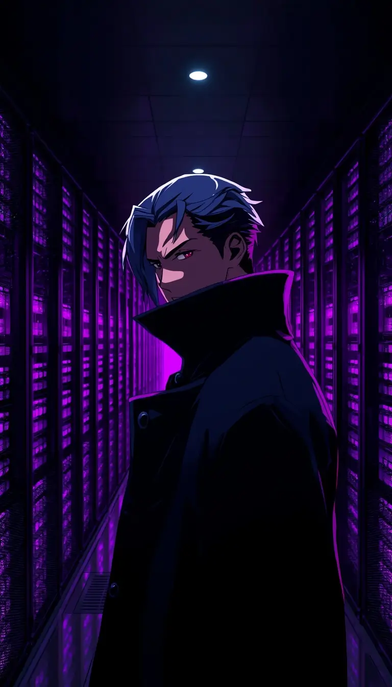 Gambit wallpaper showing an anime-style Gambit inside a futuristic neon-lit server room with glowing purple cyberpunk lighting