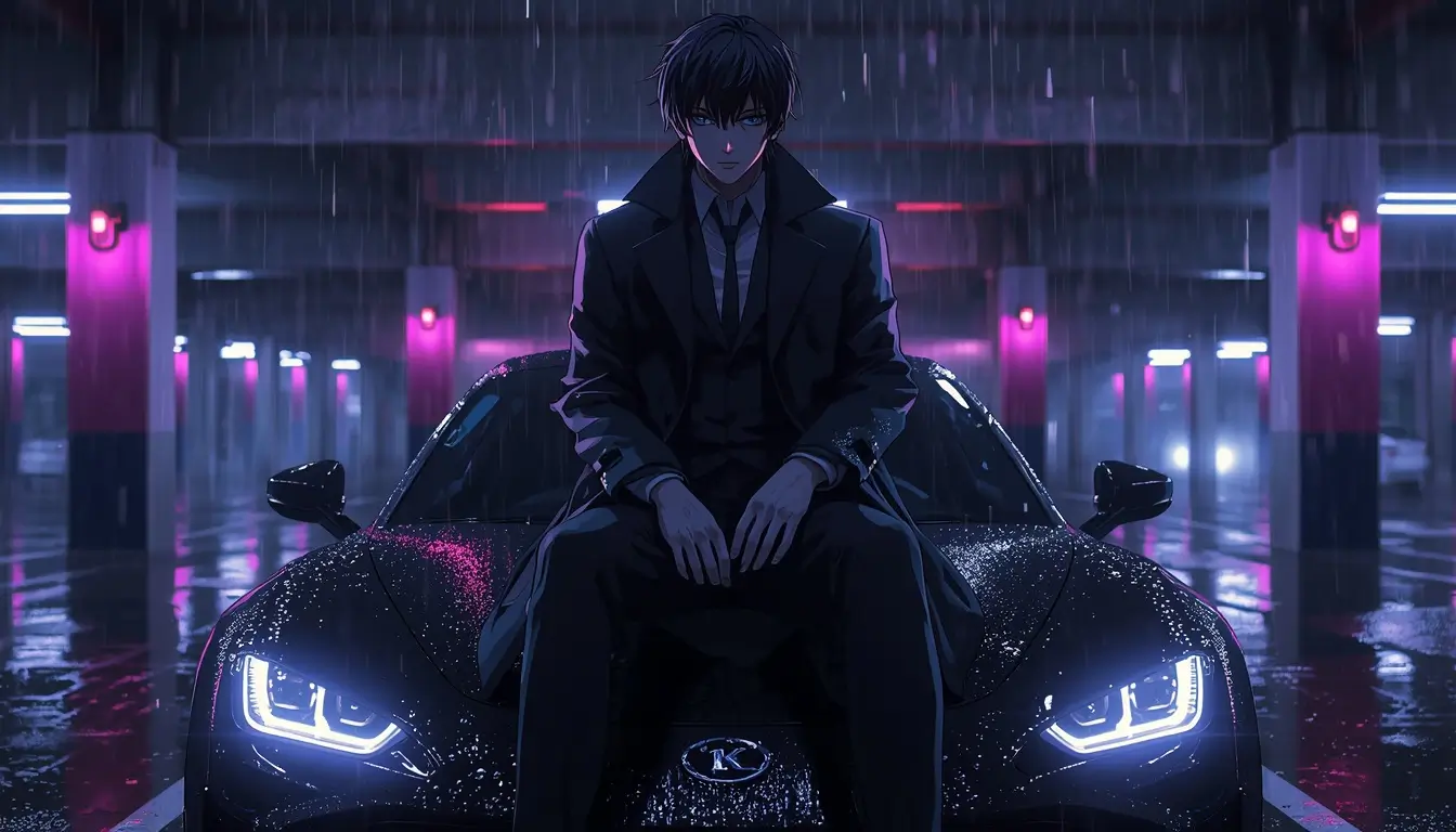 Gambit wallpaper 4K for PC showing an anime-style Gambit sitting on a black sports car in a rainy neon-lit parking garage at night
