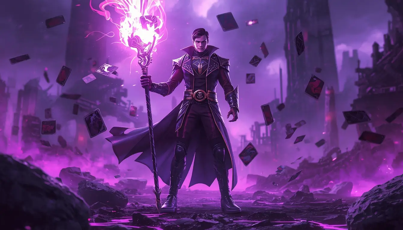 Gambit wallpaper 4K for PC featuring Gambit with glowing staff and floating cards in a neon purple battlefield scene