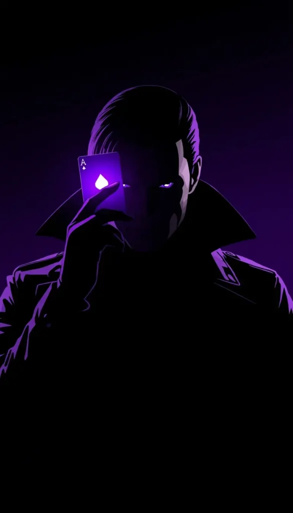 Gambit wallpaper showing a dark silhouette holding a glowing purple playing card with intense neon lighting and minimalist background