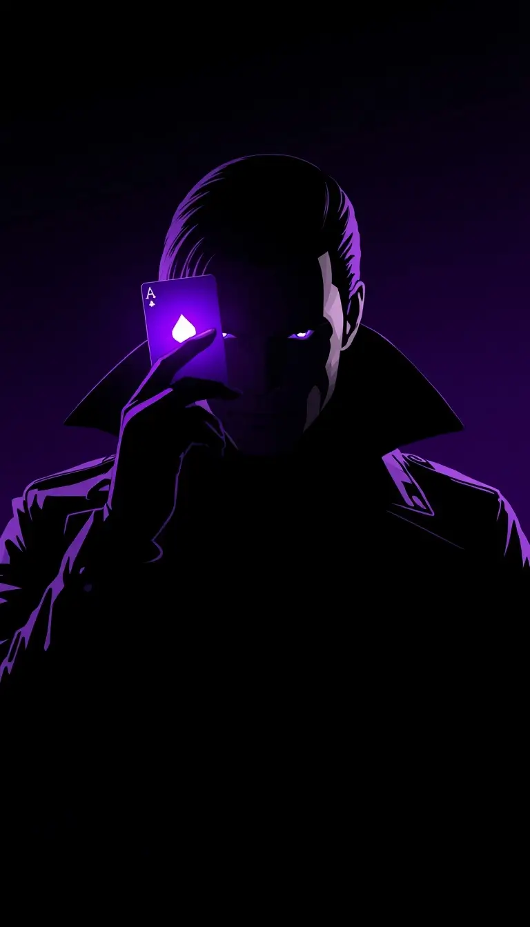 Gambit wallpaper showing a dark silhouette holding a glowing purple playing card with intense neon lighting and minimalist background