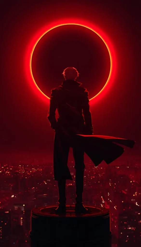 Dark red Gambit wallpaper showing a silhouetted Gambit standing before a glowing eclipse over a futuristic city skyline