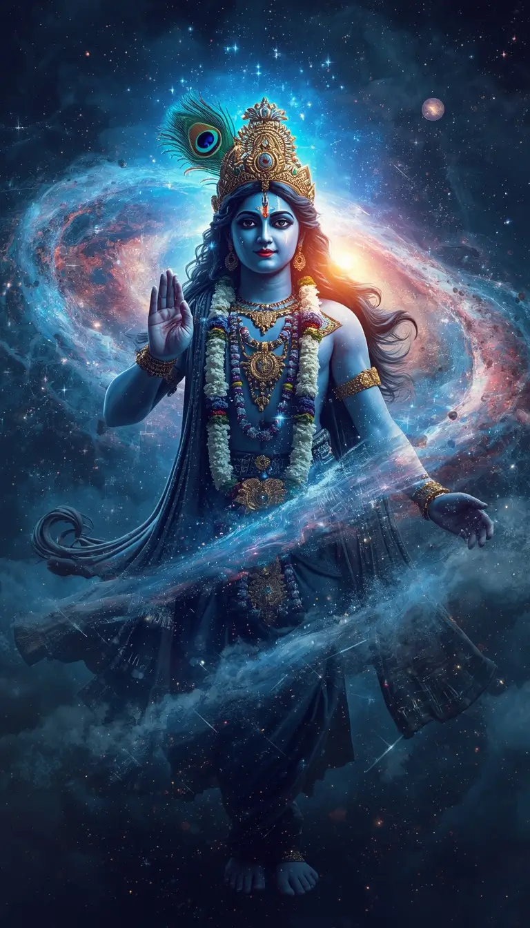 God-sri-krishna-wallpaper showing Lord Krishna in cosmic galaxy form with stars, planets, and divine blue aura