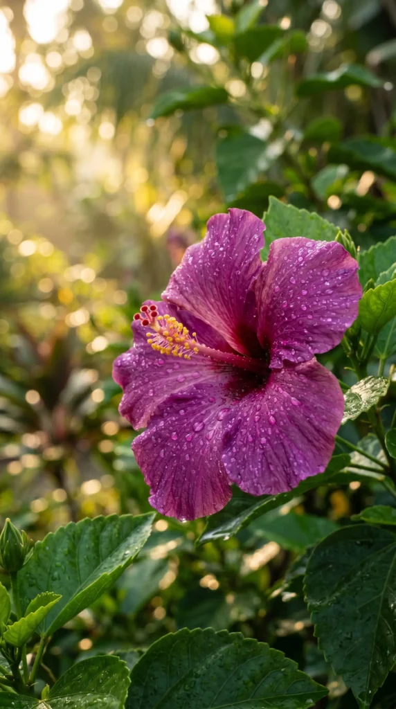 Purple hibiscus flower with water droplets glowing in warm sunlight against a lush tropical garden background.