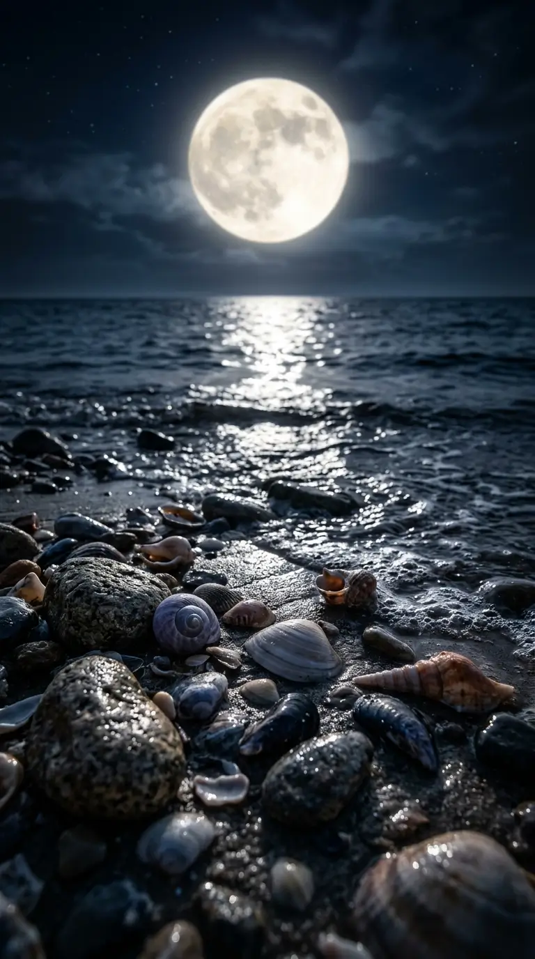 Moonlit beach with seashells, wet stones, and glowing ocean reflections beneath a bright full moon at night