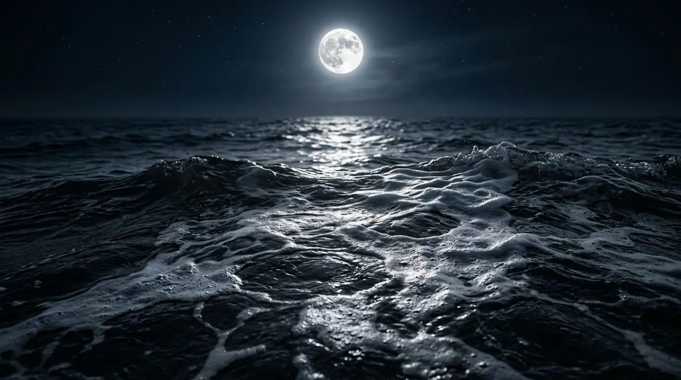 Close-up of moonlit ocean waves with glowing sea foam beneath a bright full moon and dark starry sky