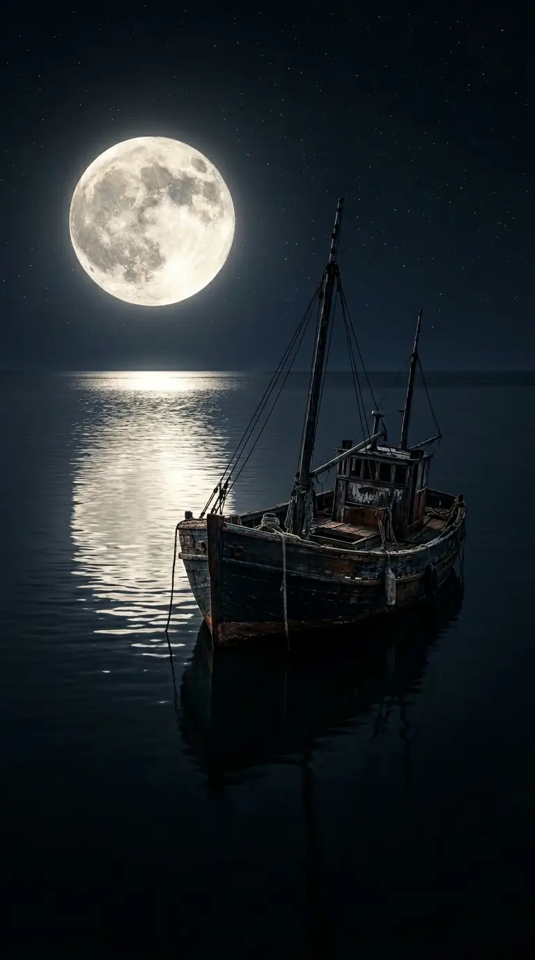 Old wooden boat floating on calm moonlit sea with bright full moon reflections under a starry night sky