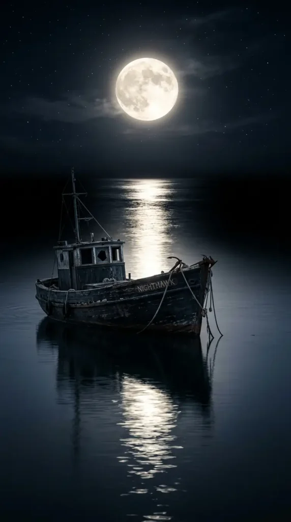 Old wooden boat floating on calm moonlit water beneath a bright full moon and starry night sky in high resolution