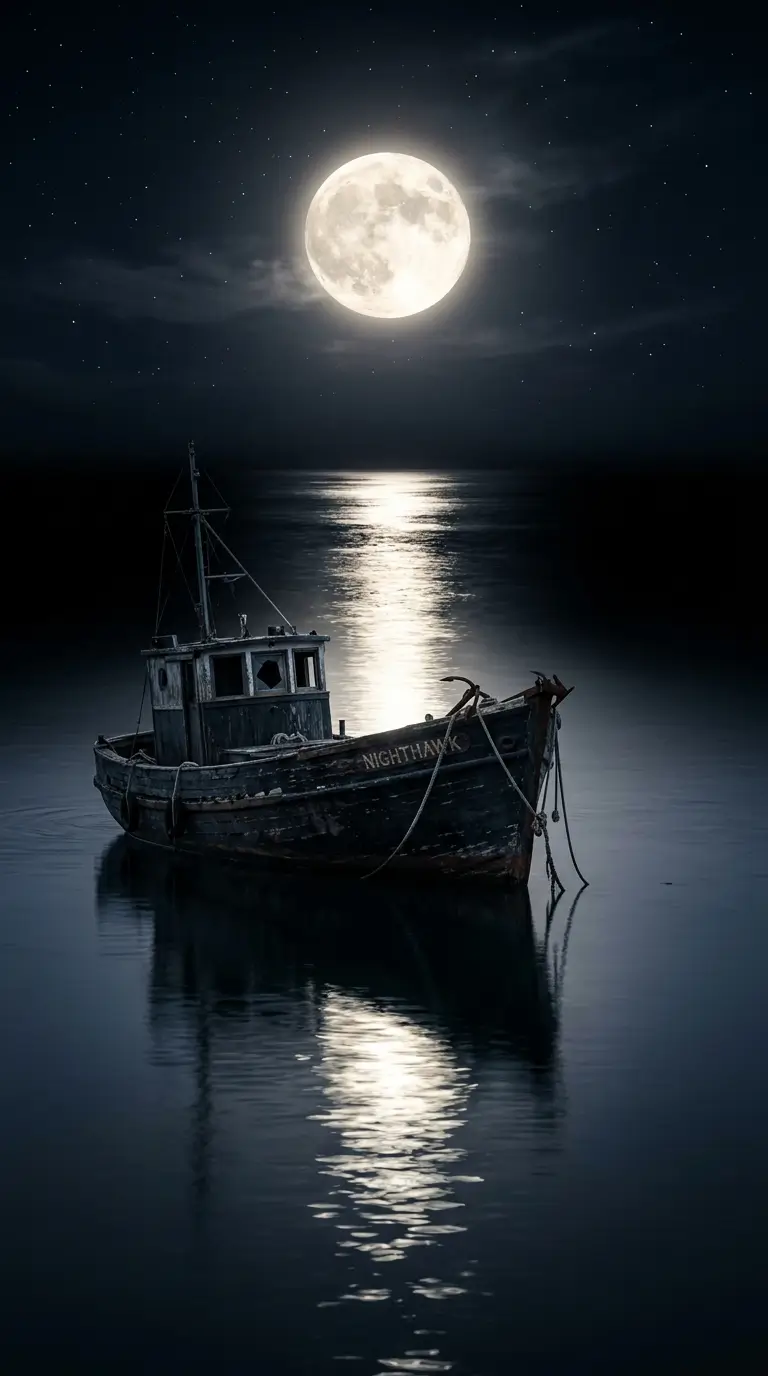 Old wooden boat floating on calm moonlit water beneath a bright full moon and starry night sky in high resolution