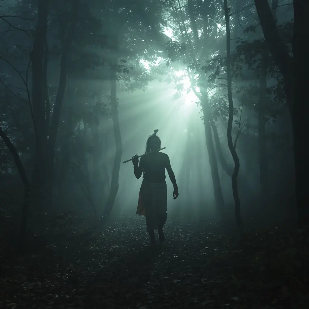 Mystical krishna-wallpaper showing Lord Shri Krishna walking through a glowing forest in Vrindavan at night