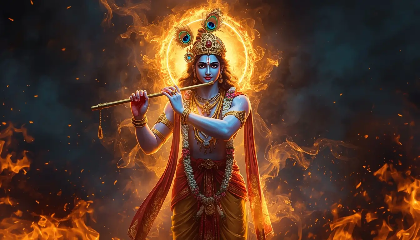 Lord-shri-krishna-wallpaper featuring Lord Krishna with flute and glowing golden fire aura on a dark background