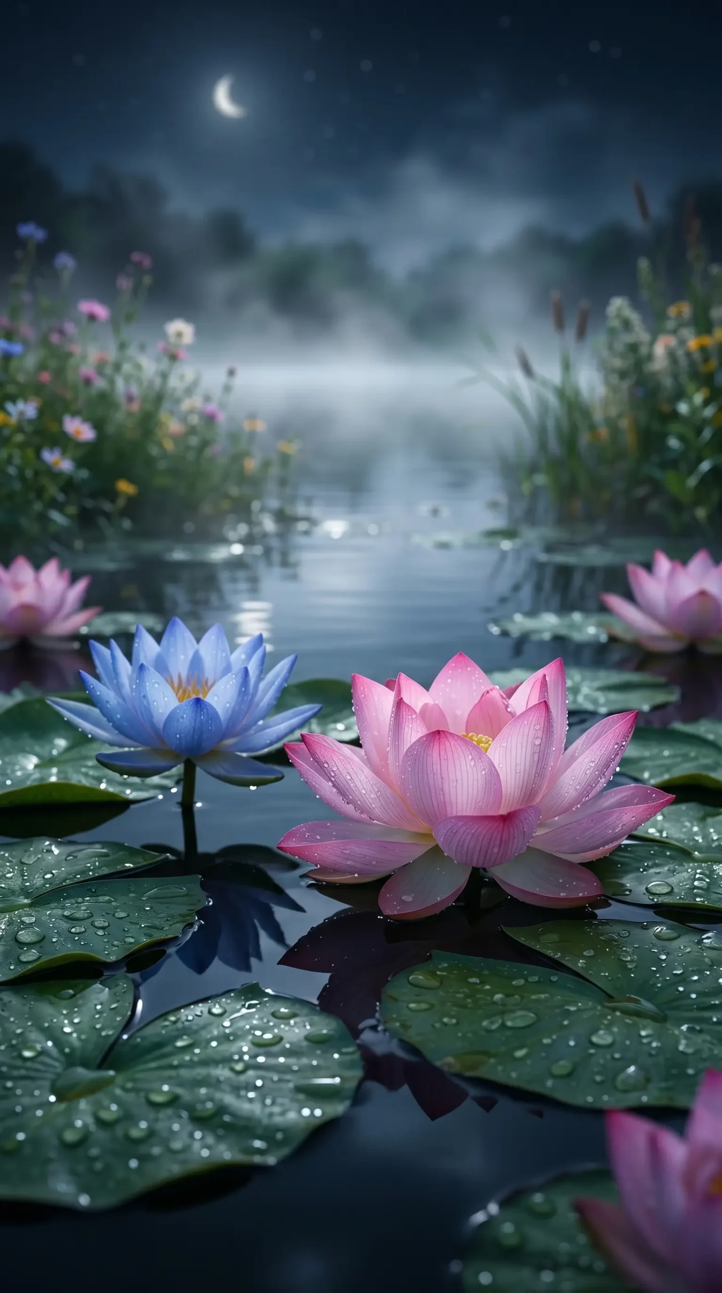 Pink and blue lotus flowers floating on a misty moonlit pond with lily pads and soft nighttime reflections.