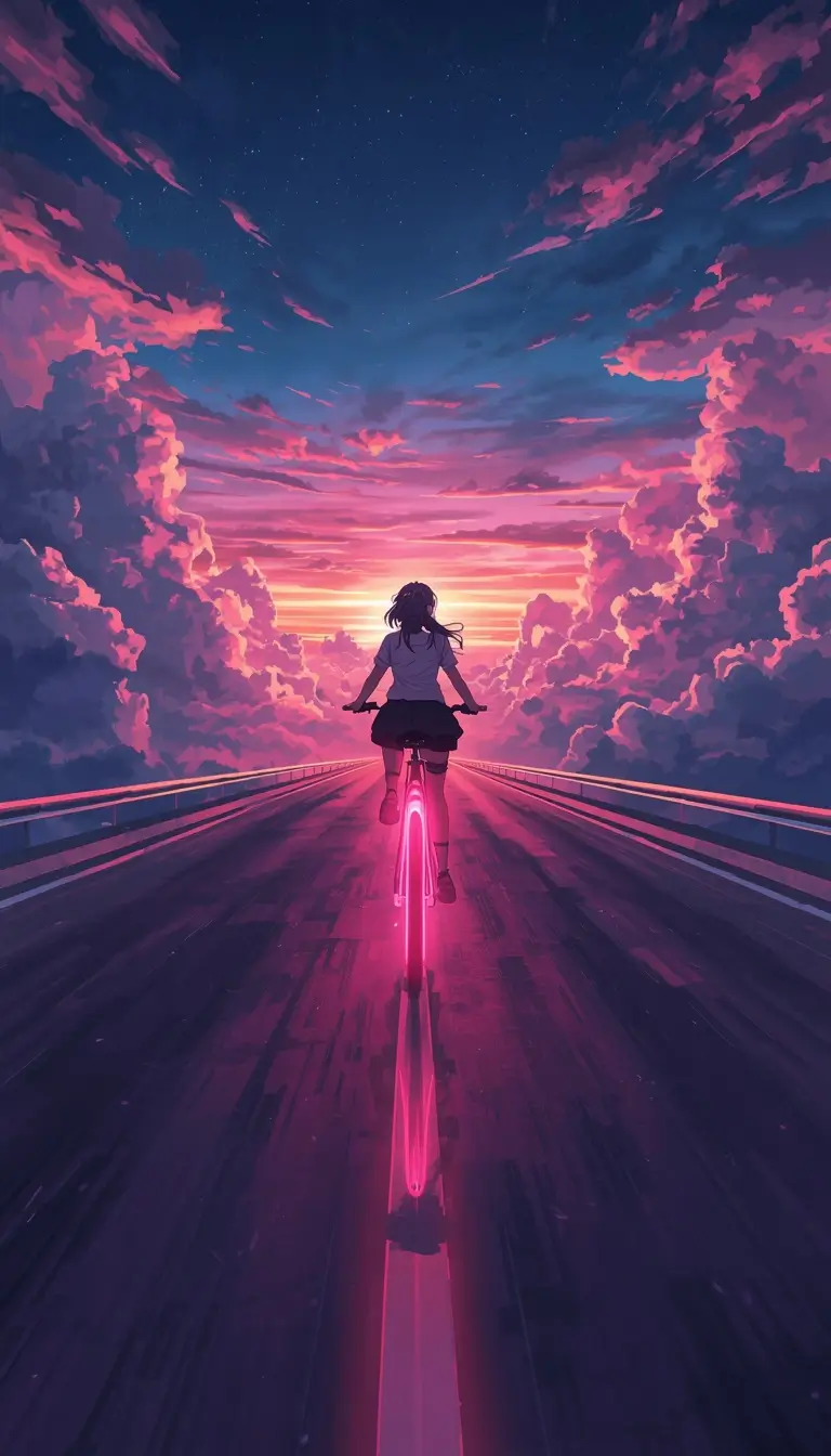 Madoka 4K live wallpaper featuring Madoka Kaname riding a glowing pink bicycle through a dreamy sunset sky road