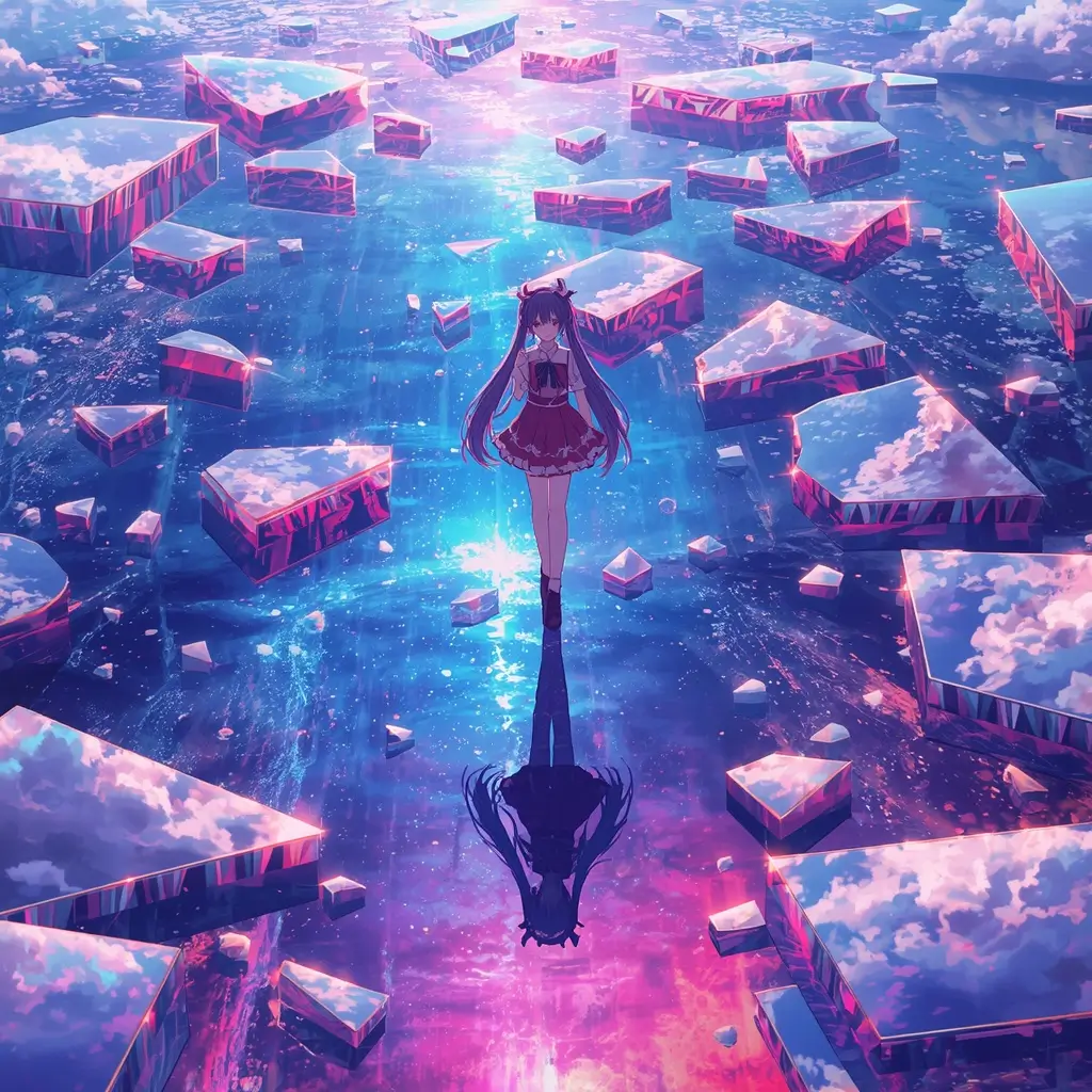 Madoka 4K live wallpaper featuring Madoka Kaname walking across a glowing reflective surface with floating mirror fragments