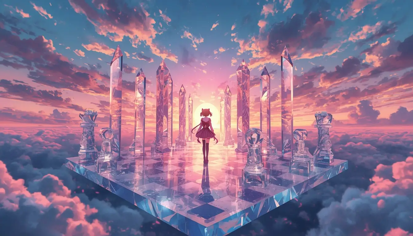 Madoka 4K live wallpaper featuring Madoka Kaname standing on a floating crystal chess platform above glowing sunset clouds