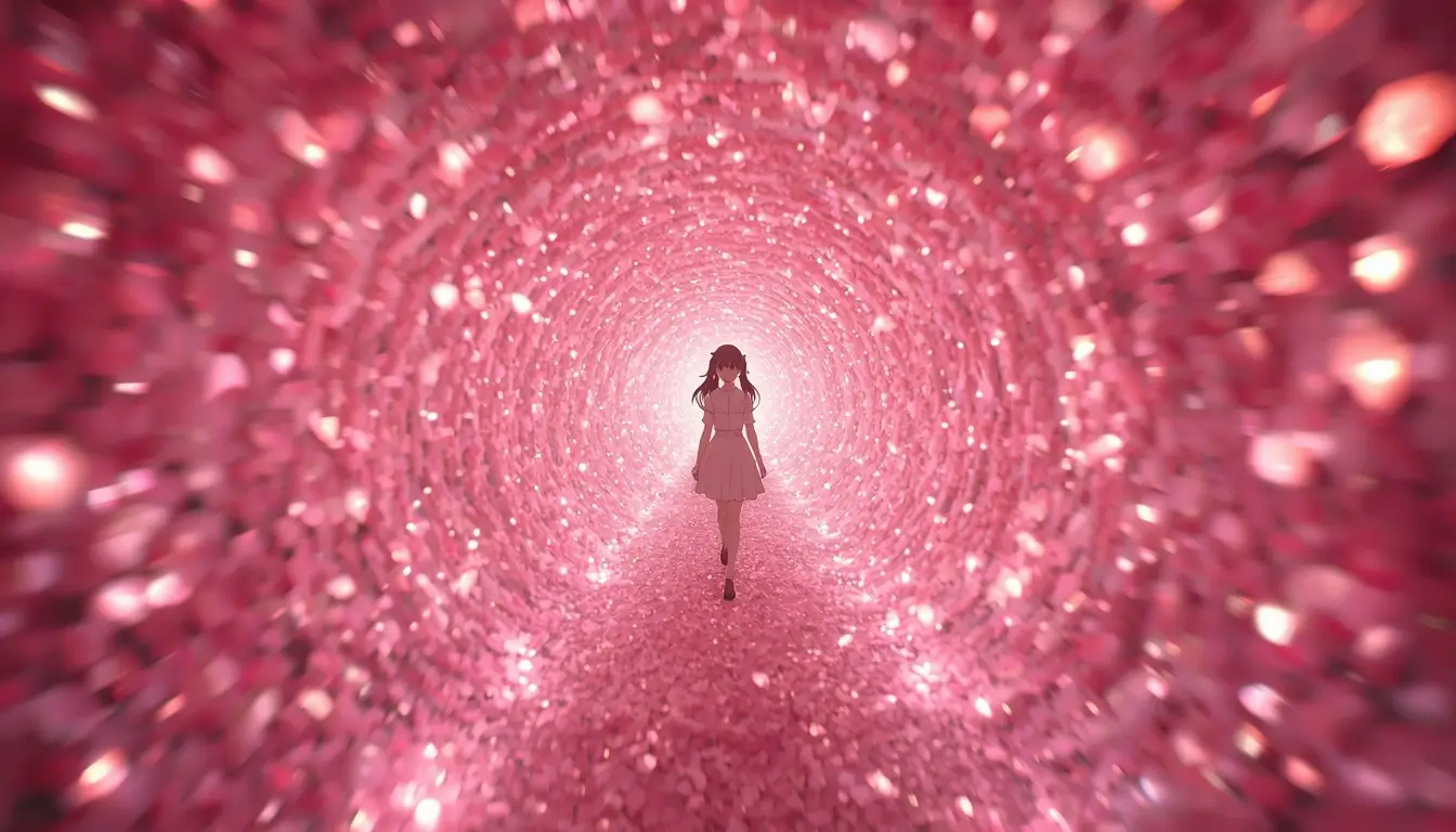 Madoka 4K live wallpaper featuring Madoka Kaname walking through a glowing pink crystal tunnel with sparkling fantasy light
