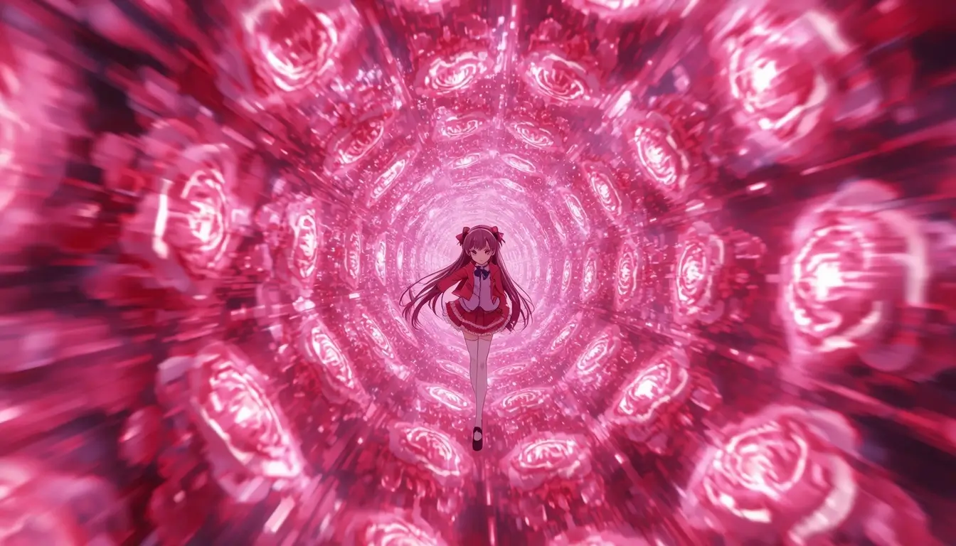 Madoka 4K live wallpaper featuring Madoka Kaname inside a glowing pink rotating energy portal with fantasy effects