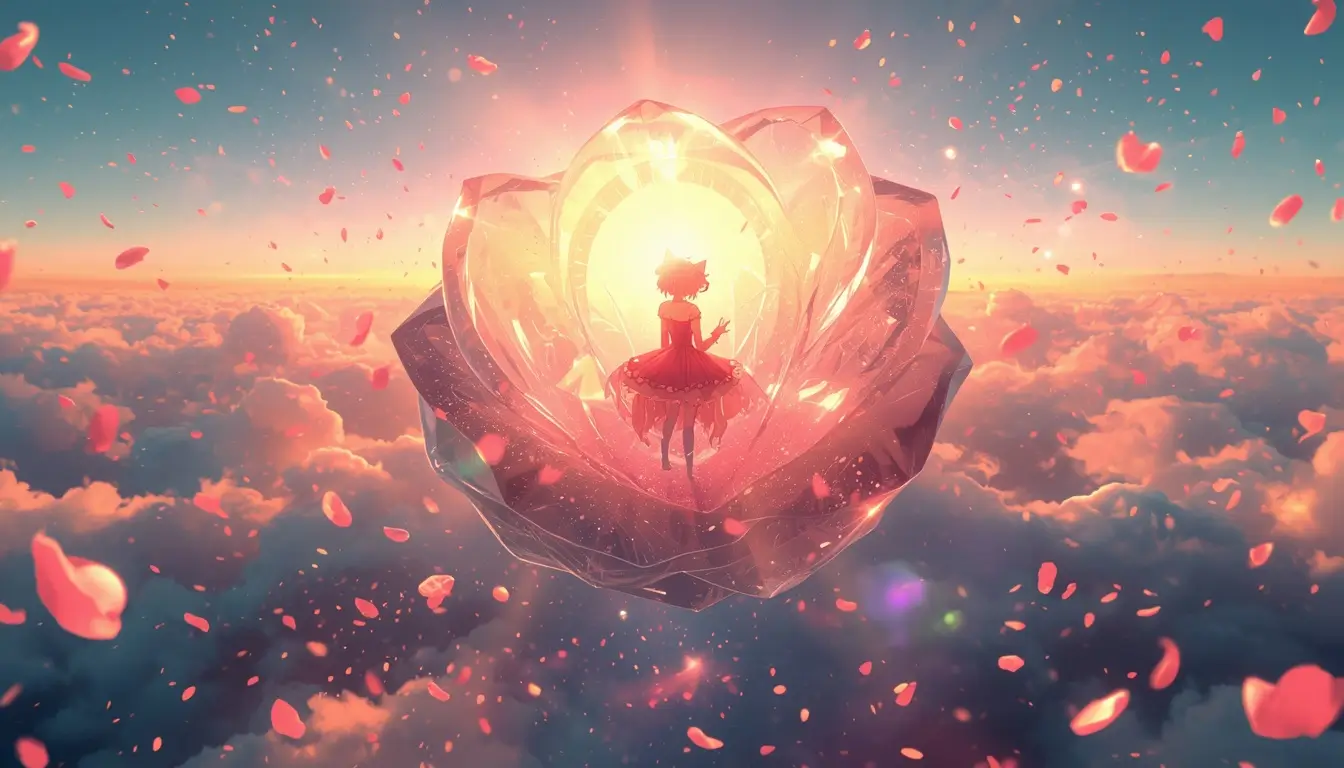 Madoka Kaname wallpaper featuring a magical anime girl inside a glowing crystal floating above dreamy clouds and pink petals