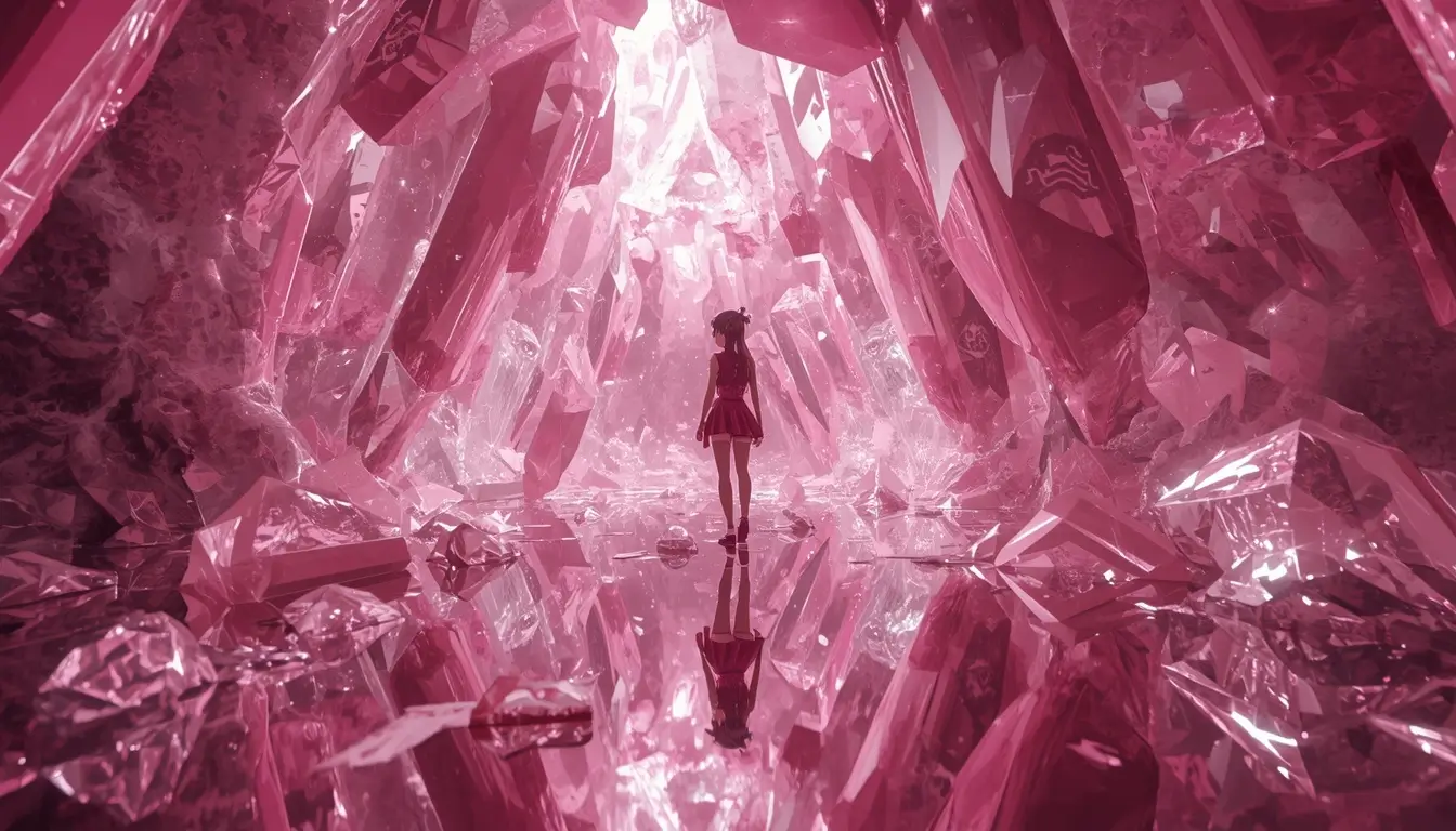 Madoka Kaname wallpaper featuring a magical anime girl inside a glowing pink crystal cave with reflective fantasy scenery