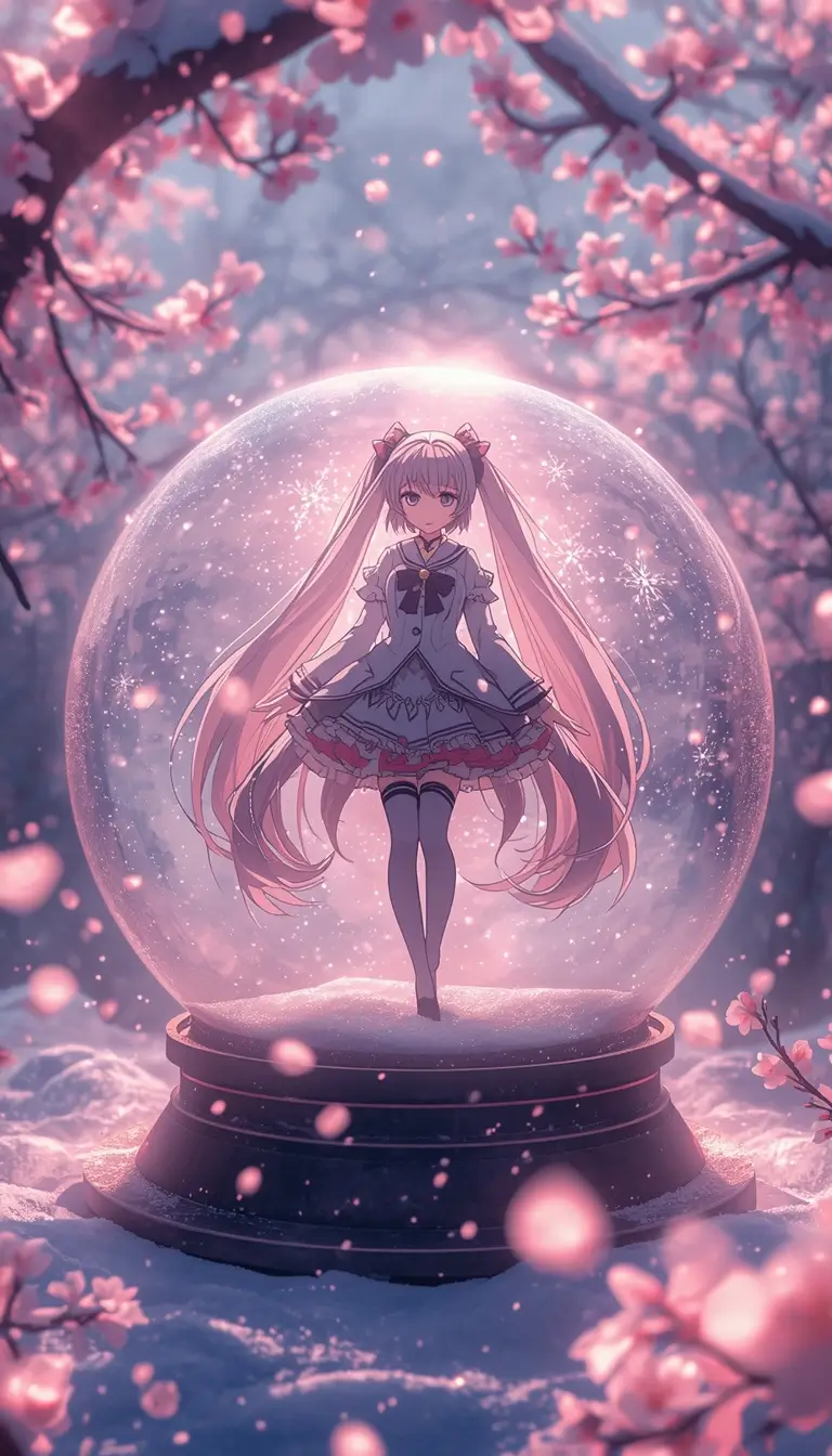 Madoka Kaname wallpaper featuring a magical anime girl standing inside a glowing snow globe surrounded by pink cherry blossoms