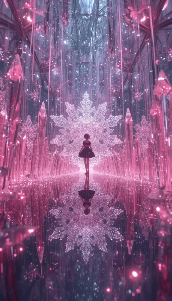 Madoka Kaname wallpaper featuring a magical anime girl inside a glowing pink crystal hall with giant snowflake reflections