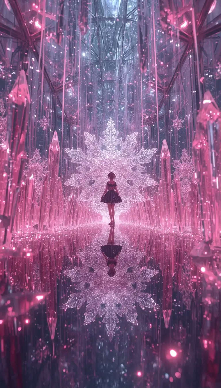 Madoka Kaname wallpaper featuring a magical anime girl inside a glowing pink crystal hall with giant snowflake reflections