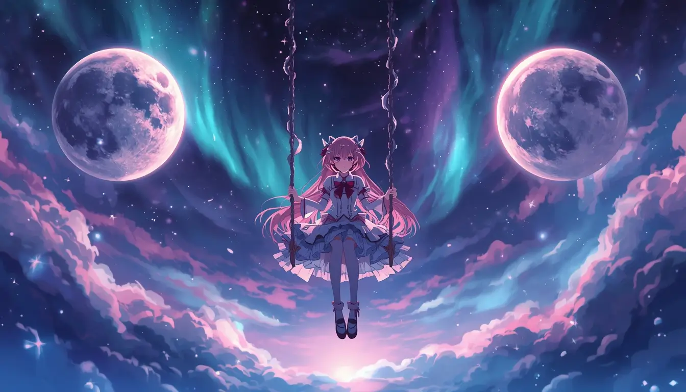 Madoka Kaname wallpaper featuring a magical anime girl on a floating swing beneath twin moons and glowing aurora skies