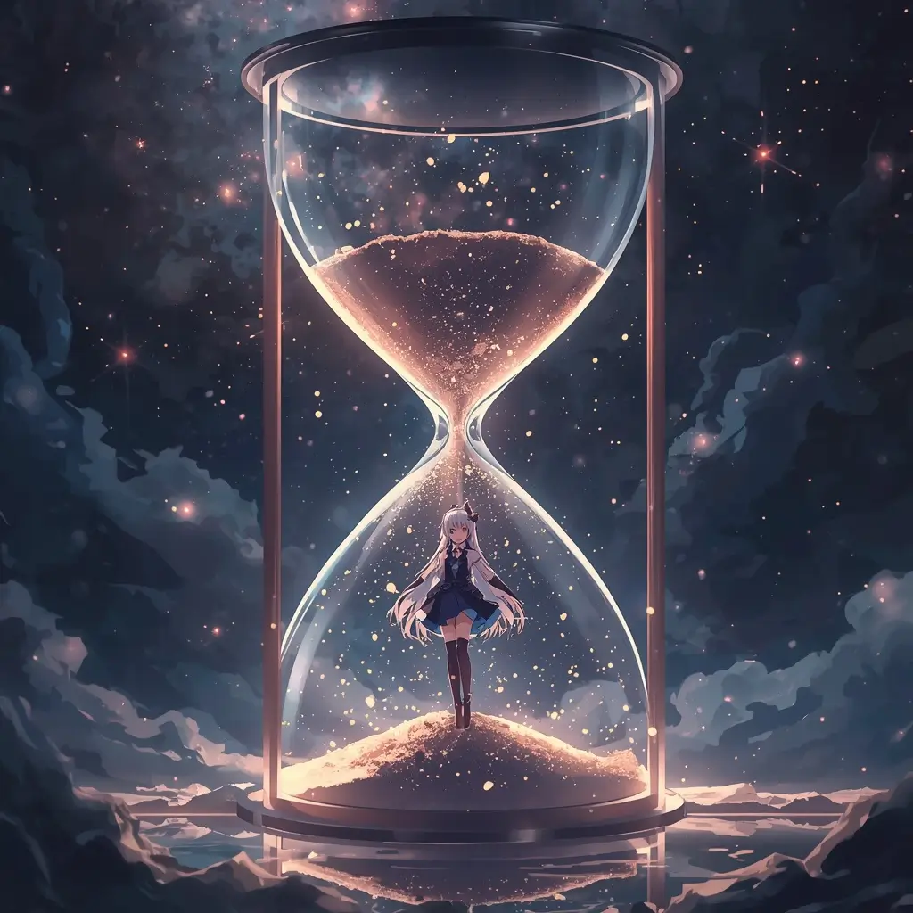 Madoka Kaname wallpaper featuring a magical anime girl standing inside a giant glowing hourglass with cosmic fantasy scenery