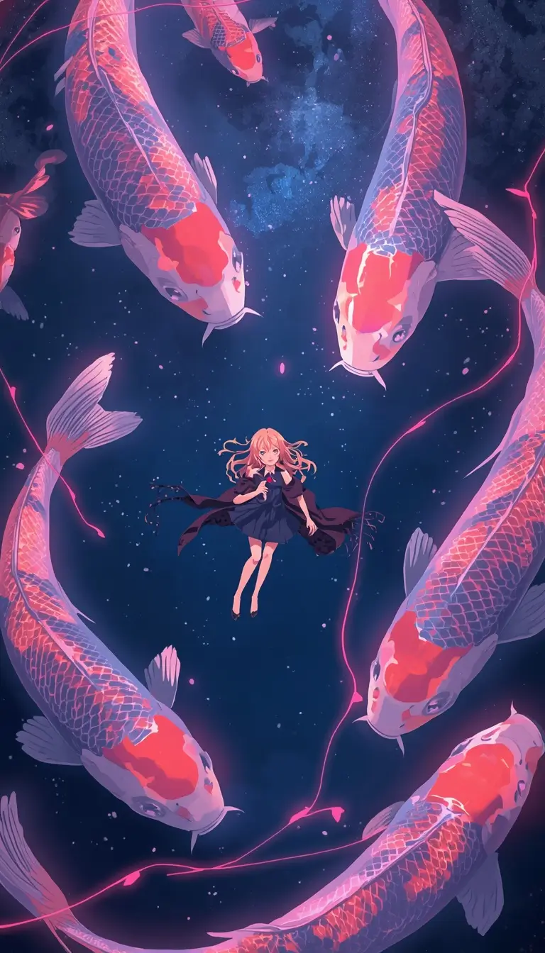 Madoka Kaname wallpaper featuring a magical anime girl floating among enormous glowing koi fish in a cosmic fantasy sky