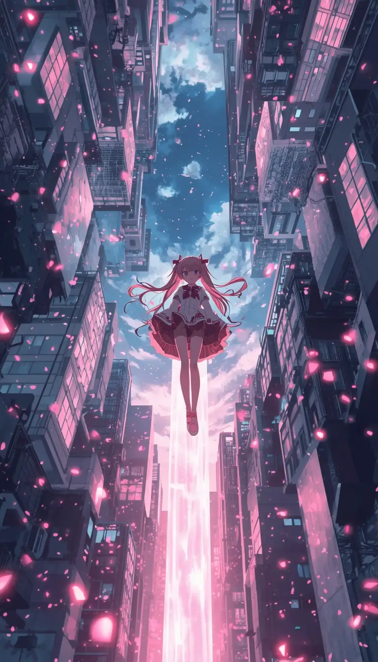Madoka Kaname wallpaper featuring a magical anime girl floating through a futuristic neon city with glowing pink petals