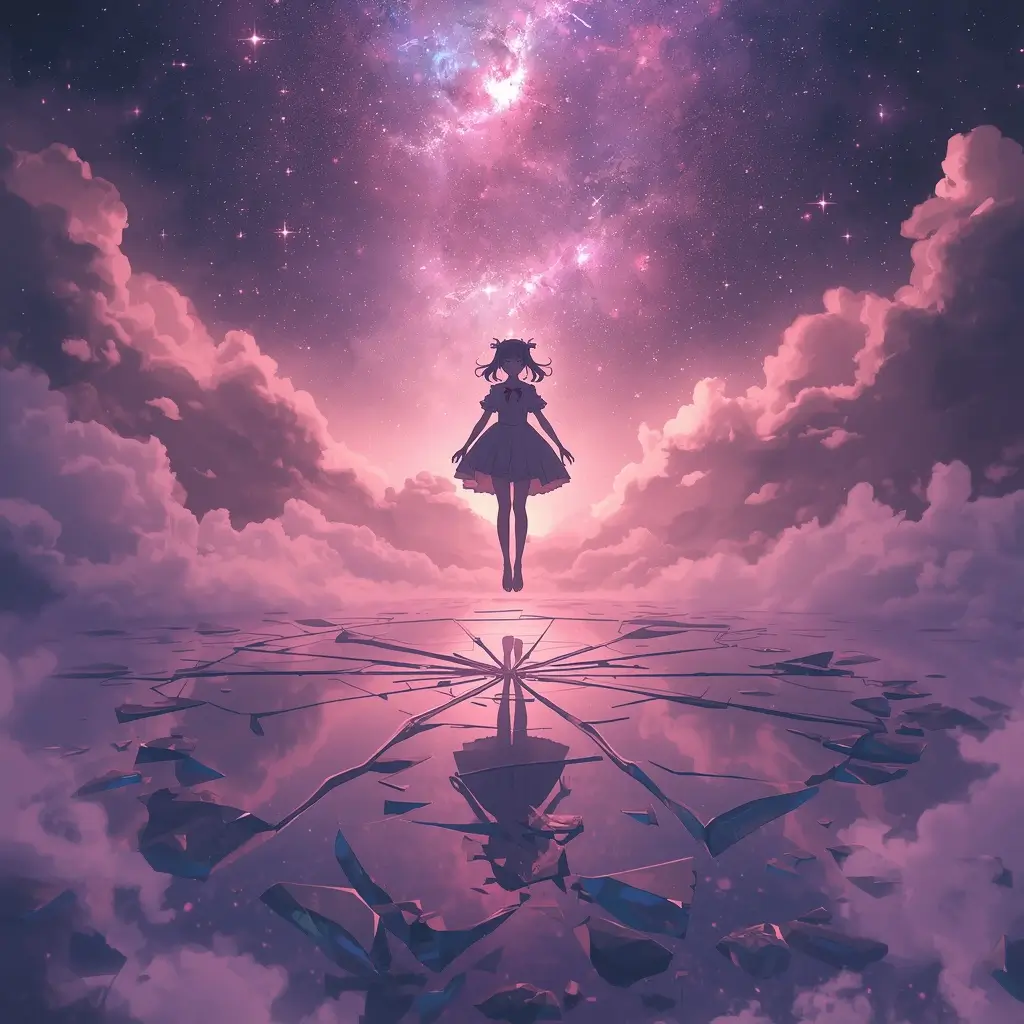 Madoka Magica wallpaper featuring Madoka Kaname floating beneath a glowing pink galaxy sky above a shattered reflective surface
