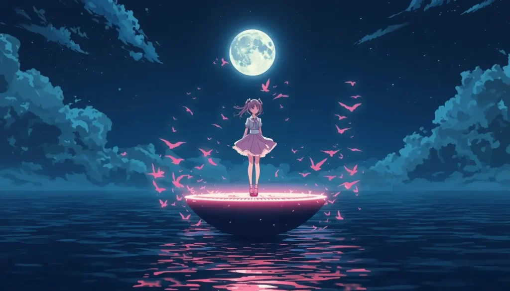 Madoka Magica wallpaper featuring Madoka Kaname standing on a glowing platform above the ocean beneath a full moon and pink butterflies