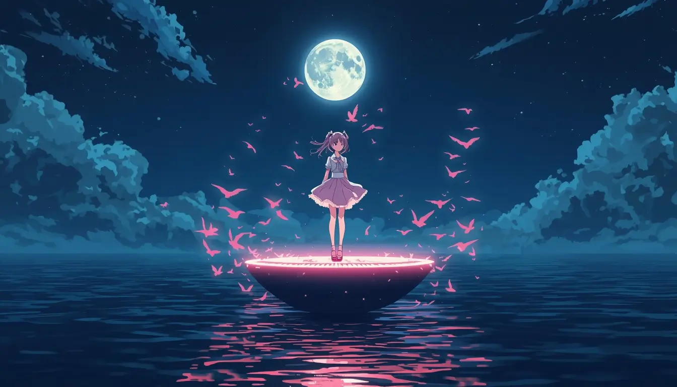 Madoka Magica wallpaper featuring Madoka Kaname standing on a glowing platform above the ocean beneath a full moon and pink butterflies