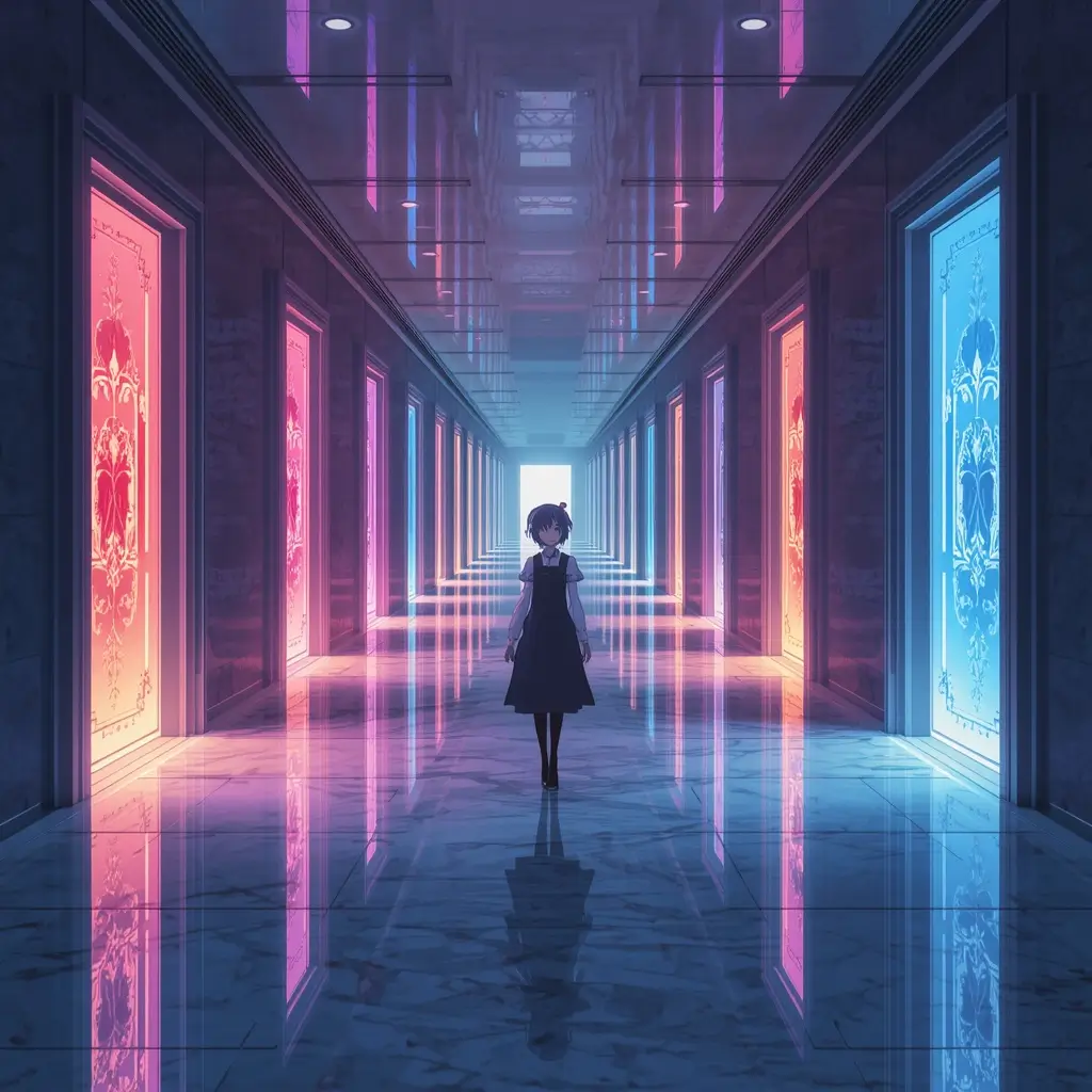Madoka Magica wallpaper featuring Madoka Kaname walking through a glowing neon hallway with reflective floors and fantasy lighting
