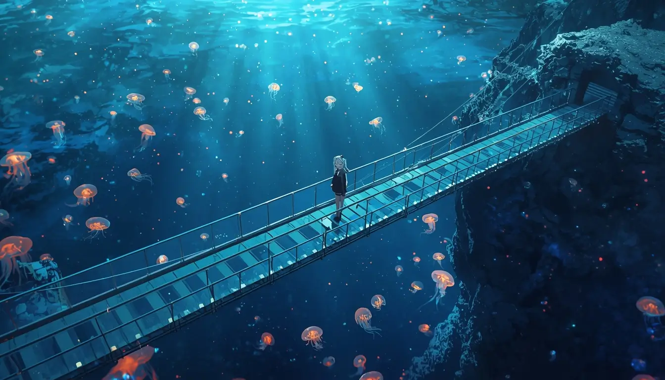 Madoka Magica wallpaper featuring Madoka Kaname walking across an underwater bridge surrounded by glowing jellyfish and blue ocean light